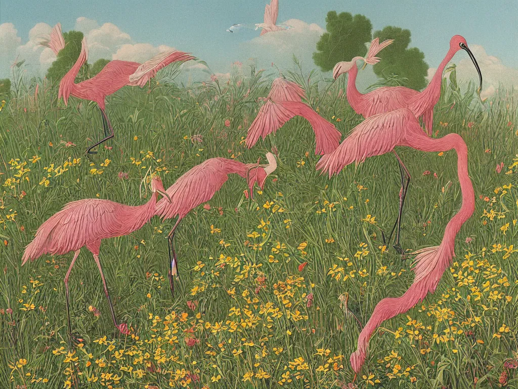 Image similar to Crane birds disturbing a unicorn from its sleep in a wild flower field. Colorful painting by Audubon