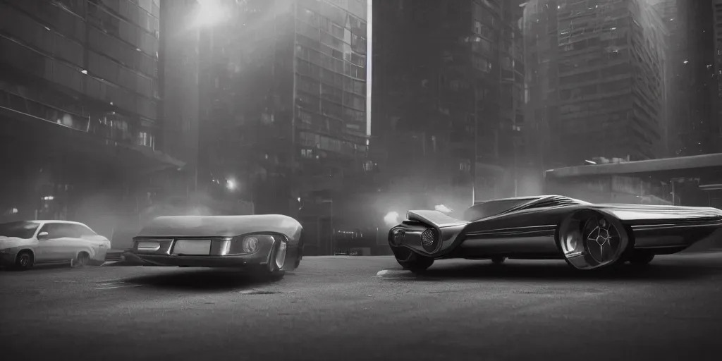 Prompt: retro futuristic car, city, atmospheric, hazy, cinematic, dark lighting, underexposed, cinematography by greig fraser,