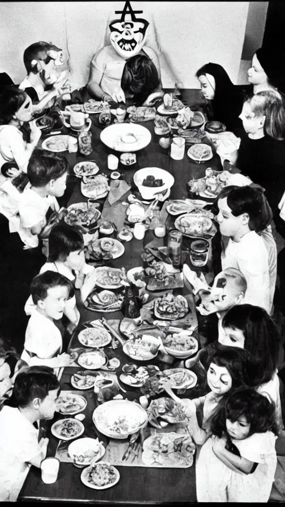 Image similar to occult satanic food ritual, family photo, 1 9 6 0 s, kodachrome