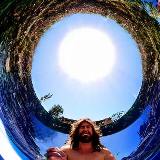 Prompt: fisheye selfie of the king of the world, who is a shirtless long haired man