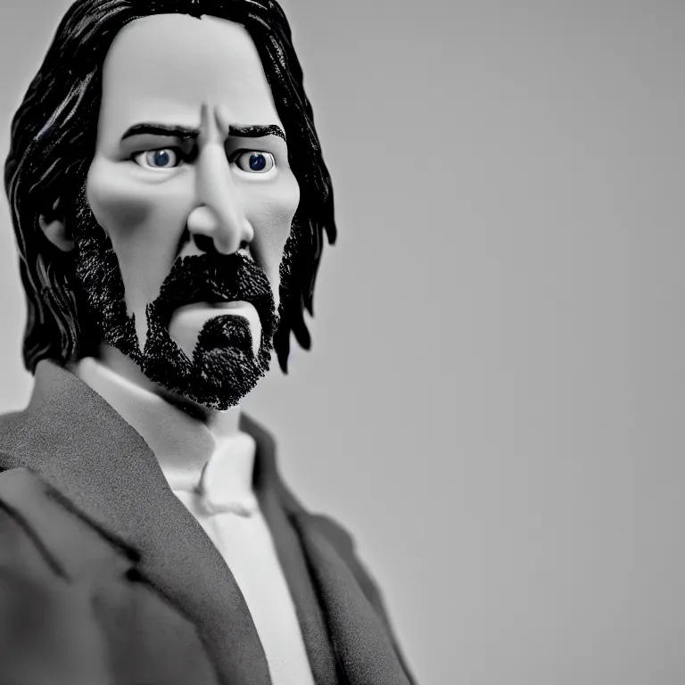 Image similar to a cinematic film still of a claymation stop motion film starring keanu reeves, portrait, shallow depth of field, 8 0 mm, f 1. 8