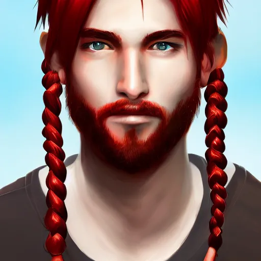 Image similar to portrait, 30 years old man :: burned face :: red hair ponytail :: high detail, digital art, RPG, concept art, illustration, Deviantart