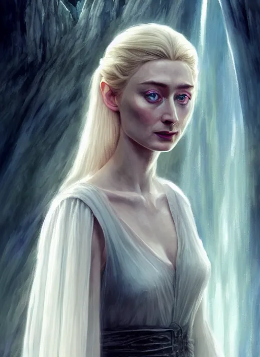 Prompt: beautiful stunning elizabeth debicki as galadriel, lord of the rings, lotr fanart, trending on artstation, character art, the hobbit digital painting, concept art, smooth, sharp focus, illustration, art by artgerm and greg rutkowski, radiant light,