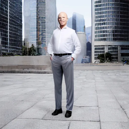 Prompt: a giant middle aged balding blue eyed white man dressed in a white shirt, gray pants and black dress shoes standing in a miniature city