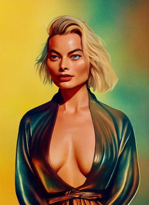 Image similar to Liang Huatao detailed Illustration of gorgeous Margot Robbie in a Solarpunk leather robe, accurate anatomy, abstract sun in background, shiny soft skin, soft lighting, sharp details, warm colors, studio portrait, 35 mm film, subsurface scattering, lens flare