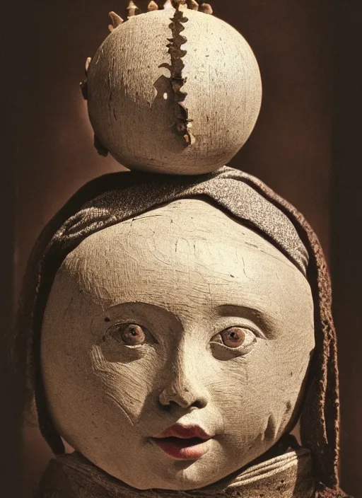 Image similar to realistic photo of a a medieval antique old wooden of a girl doll sculpture dressed white spherical hat helmet, covered in eyes pattern, greyscale grain 1 9 9 0, life magazine photo, natural colors, metropolitan museum, kodak