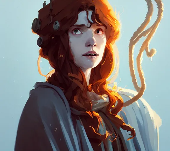 Image similar to portrait woman with long ginger curly hair, cloak with runes, by atey ghailan, by greg rutkowski, by greg tocchini, by james gilleard, by joe fenton, by kaethe butcher, by ashley wood, dynamic lighting, gradient light blue, brown, blonde cream and white color scheme, grunge aesthetic