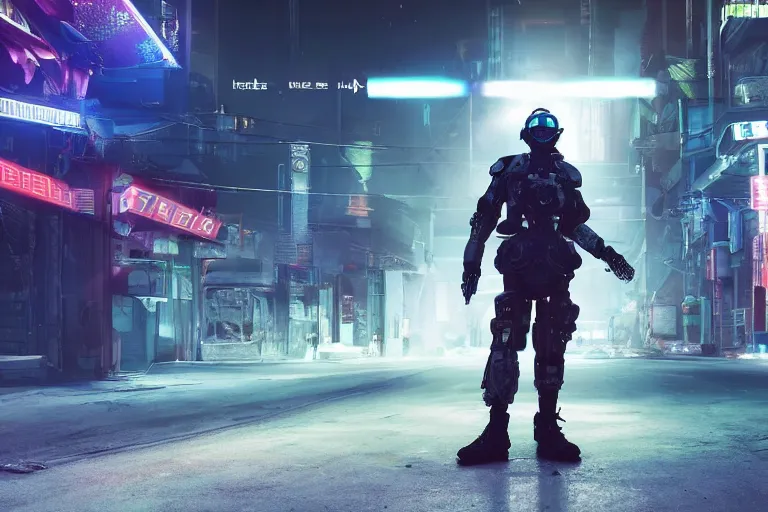 Prompt: 3d render of a detailed cyberpunk soldier with full-head helmet carrying a sci-fi futuristic energy rifle with glowing particles in his arms, standing in front of a dilapidated advanced cyberpunk city at night, lit up by the streetlights and electronic billboards, 4k, Unreal Engine, octane render