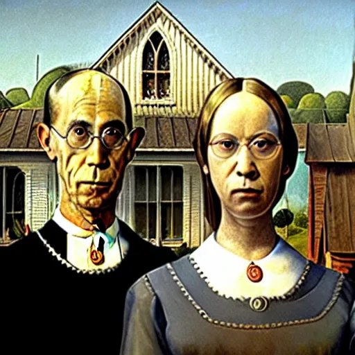 Prompt: american gothic by leonardo da vinci, oil painting, frisson, sfumato