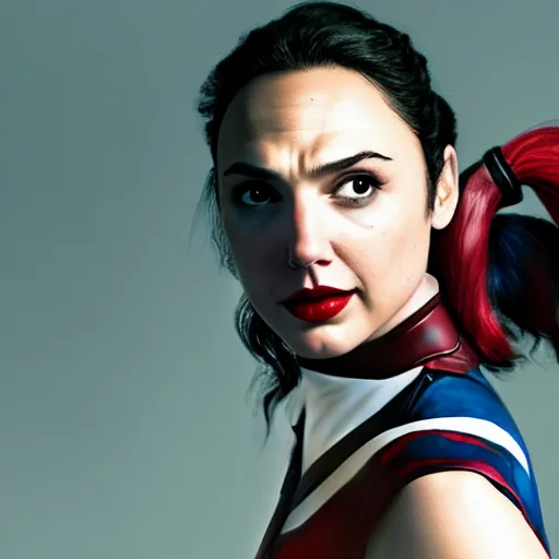 Image similar to an potrait of gal Gadot play Harley Quinn, 4k