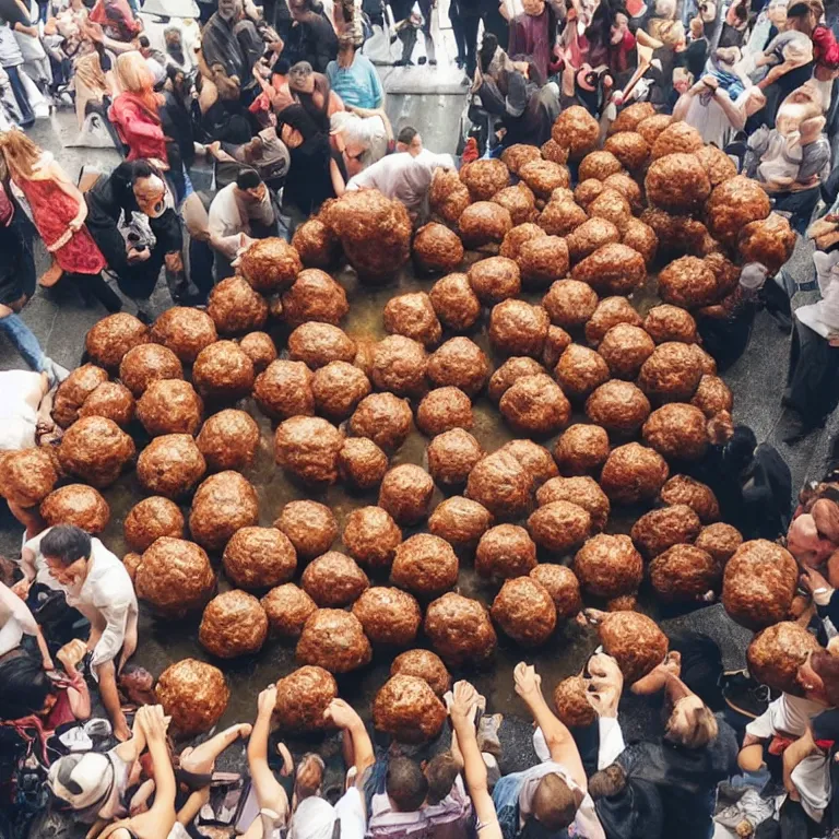 Prompt: A picture of the people of New York sculpting a giant meatball together using smaller meatballs, 4k ultra hd, trending on Instagram