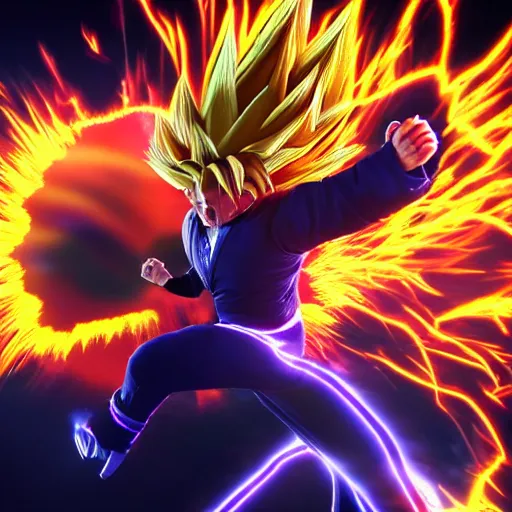 Prompt: ultra - realistic, 3 d render of donald trump going super - saiyan with manga energy explosion in the background, octane render