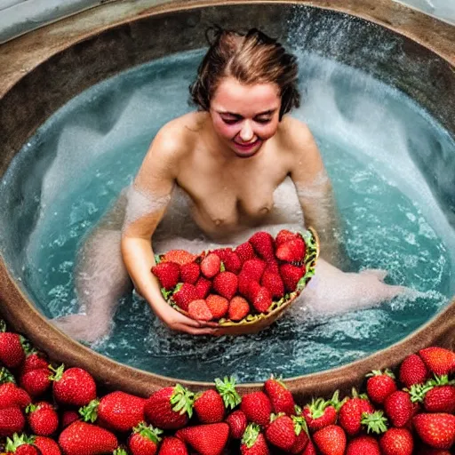 Image similar to bath filled with strawberries, woman sitting inside