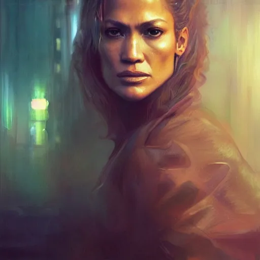 Image similar to jennifer lopez, hyperrealistic portrait, bladerunner street, art of elysium by jeremy mann and alphonse mucha, fantasy art, photo realistic, dynamic lighting, artstation, poster, volumetric lighting, very detailed face, 4 k, award winning