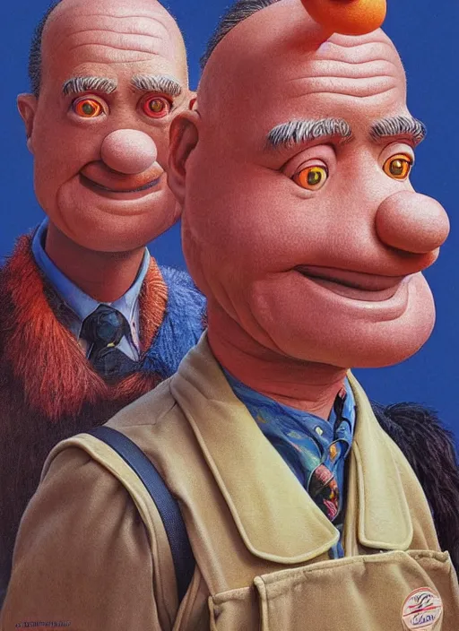 Image similar to portrait Bert and Ernie fused together in Society (1989), highly detailed, centered, solid color background, digital painting, artstation, concept art, smooth, sharp focus, illustration, artgerm, donato giancola, Joseph Christian Leyendecker, Les Edwards, Ed Repka, WLOP, Artgerm