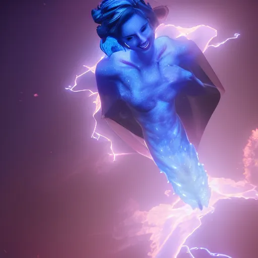 Prompt: blue plasma energy goddess smiling down on creation, dramatic lighting, hdr, hyper realistic, octane, unreal, blender, raytracing, trending on artstation