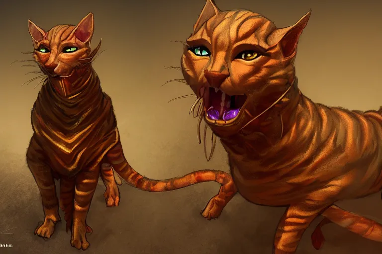 Image similar to hairless tabaxi dungeons and dragons wearing a golden robe. Evil red glowing eyes. Artstation, highly detailed, 8k