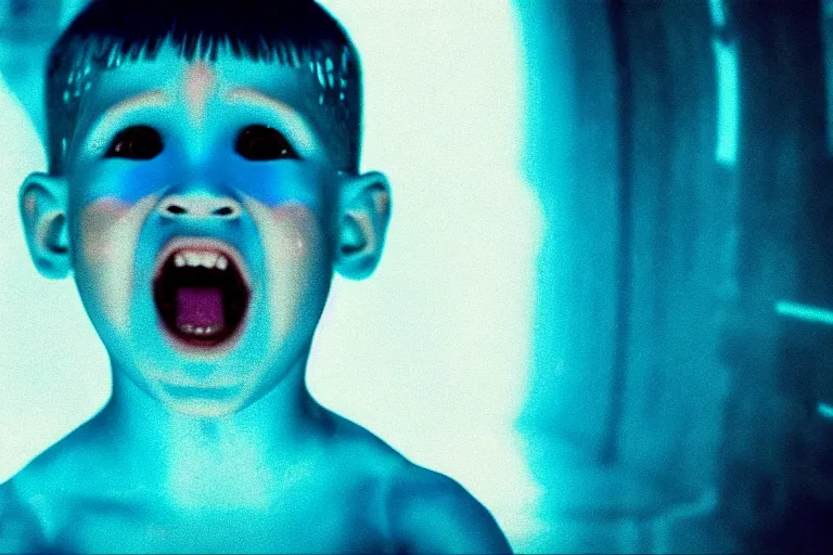 Image similar to a large blue and white hologram of a screaming child's face, photography by fred palacio medium full shot still from bladerunner 2 0 4 9, sci fi, bladerunner, canon eos r 3, f / 3, iso 2 0 0, 1 / 1 6 0 s, 8 k, raw, unedited