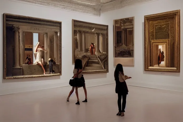 Prompt: hyperrealism, extreme wide shot, wall full of small art painting, woman in distance, in style of classicism
