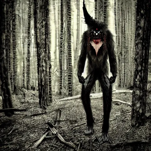 Prompt: ! werecreature that is a mix between human and crow, photograph captured in a forest