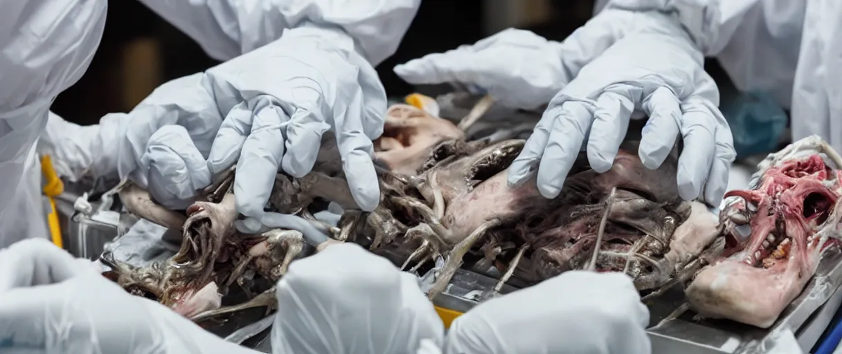 Image similar to filmic dutch angle extreme closeup movie still 4 k uhd 3 5 mm film color photograph of hands wearing surgical gloves dissecting a deceased mysterious grotesque alien specimen in a lab