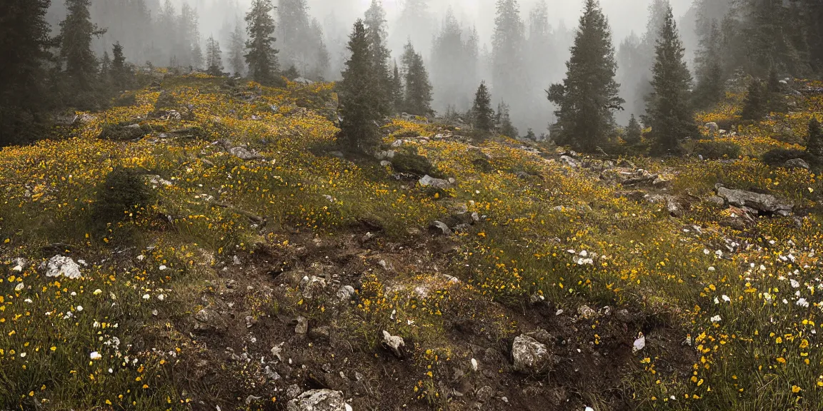 Prompt: Alpine rocky clearing in Austria, a few firs shooting up from the rocky landscape. Many wildflowers, bright, somewhat foggy. Afternoon glow. Trending on Artstation, deviantart, worth1000. By Greg Rutkowski. National Geographic and iNaturalist HD photographs