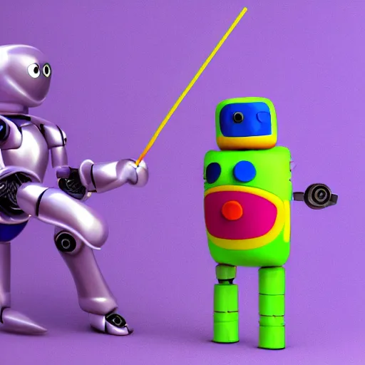 Image similar to a photorealistic 3 d render made in blender of a colourful friendly robot being poked in the eye by a man with a stick. background is a purple gradient