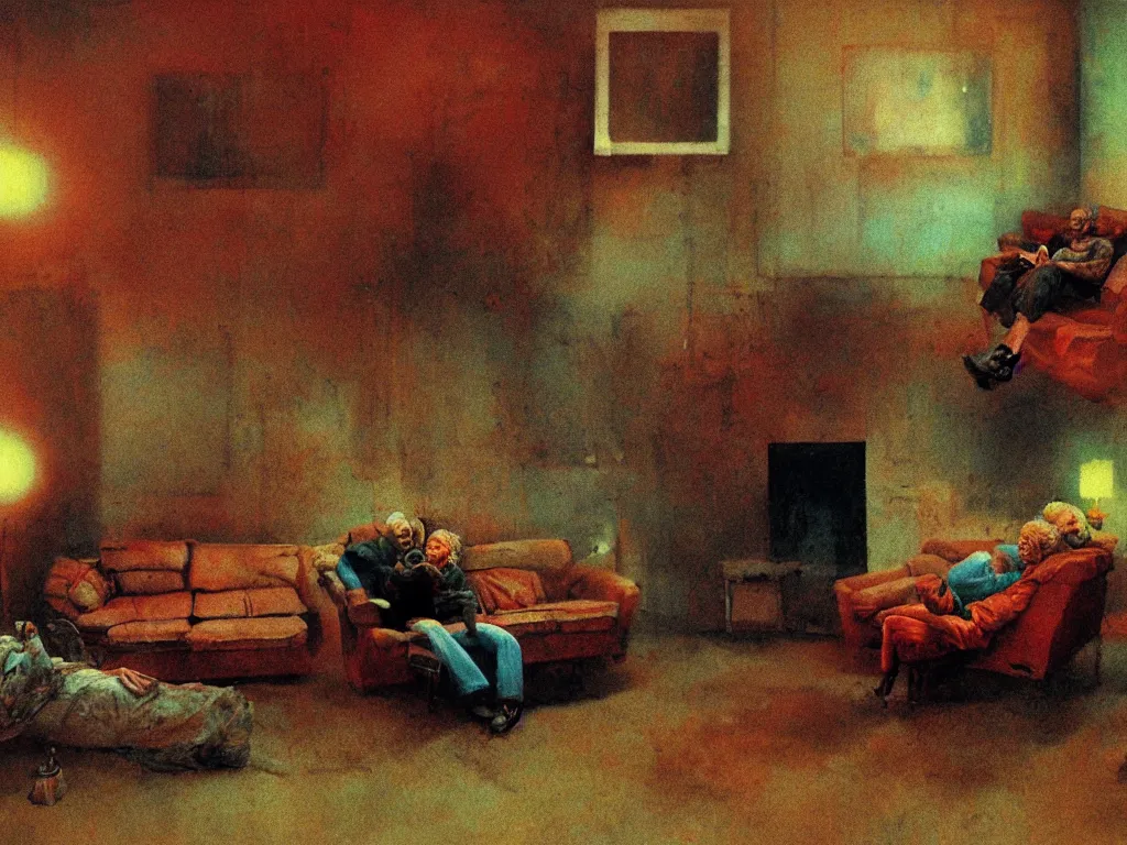 Prompt: photo of a very old dead couple sitting on a couch in an old soviet apartment, psx game graphics , Beksinski painting, part by Adrian Ghenie