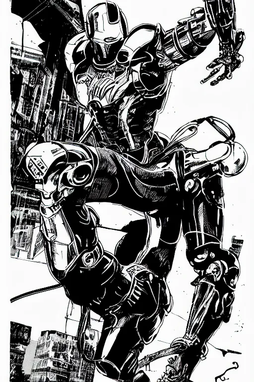 Prompt: ultron doing a high kick, a page from cyberpunk 2 0 2 0, style of paolo parente, style of mike jackson, adam smasher, johnny silverhand, 1 9 9 0 s comic book style, white background, ink drawing, black and white, colouring pages