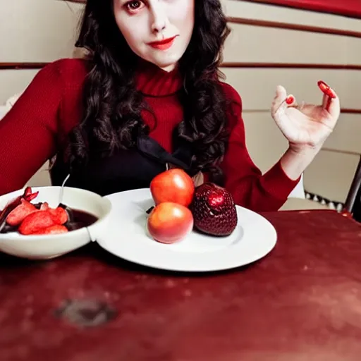Prompt: a beautiful 3 0 - year - old girl in a dark dress with red buttons in the form of fruit and dark red boots is eating cherry dessert sitting at a table in a cozy restaurant. hyper - real photo. clear detail. a beautiful face.