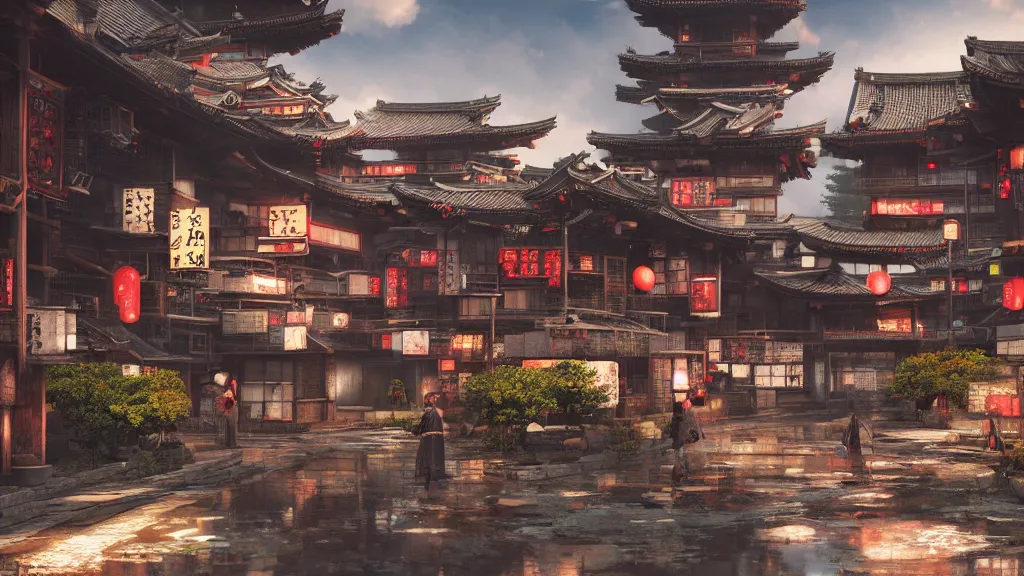 Image similar to immersed in oriental, japanese village with cyberpunk style,, octane render, fantasy, landscape, hyperrealistic, highly detailed, 4 k hd