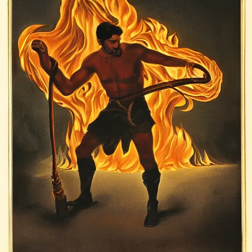 Prompt: a man holding a whip surrounded by an aura of fire