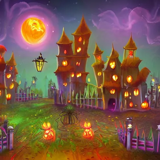 Image similar to Spooky Autumn Fantasy Art Halloween Village Decorations Flowers Glowing ghosts at night