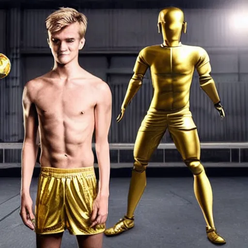 Image similar to a realistic detailed photo of a guy who is an attractive humanoid who is half robot and half humanoid, who is a male android, soccer players martin ødegaard, shiny skin, posing like a statue, blank stare, in a factory, on display, showing off his muscles, gold soccer shorts, side view, looking at each other mindlessly