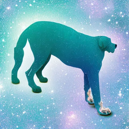 Image similar to a photograph of a huge dog in space made of turquoise colored crystals