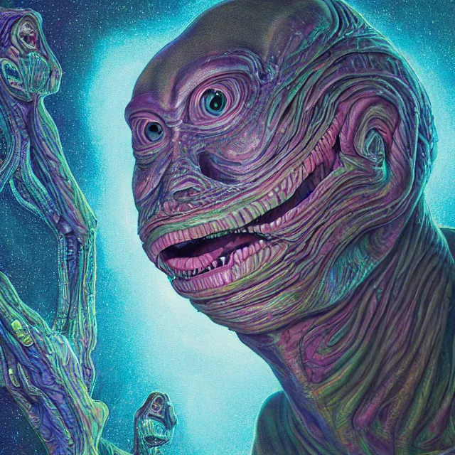 Prompt: portrait screaming alien face ultra dimensional the land before time entity, accidentally tripping on dmt and acid, psychedelic experience, overwhelming psychosis of self realization and burning awakening, ultra high definition, unreal engine 5, hyperrealism, masterpiece composition, by casey weldon, barclay shaw 8 k photorealistic