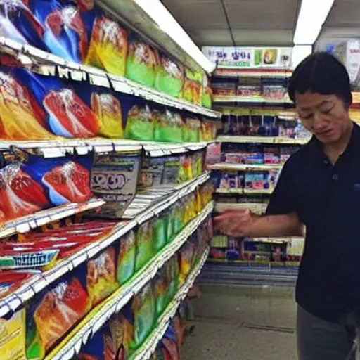 Prompt: “ a man in an asian supermarket shopping for flags”