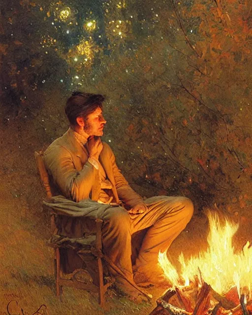 Image similar to very very attractive man counts the stars at night from beside the fire, his tent is nearby, melancholy, nostalgia, painting by gaston bussiere, craig mullins, j. c. leyendecker