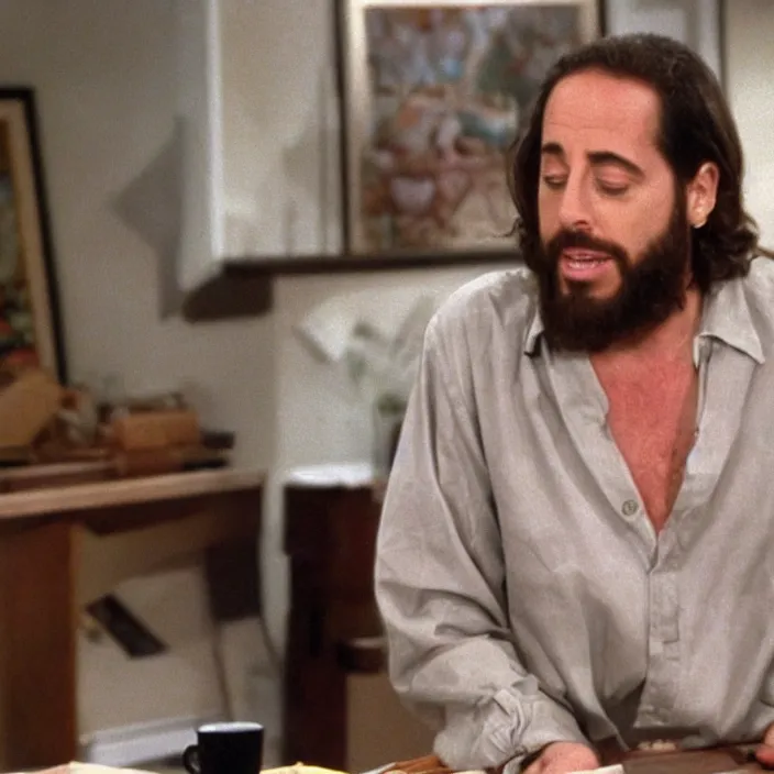 Image similar to Photo still of Jesus Christ in 1990s clothing talking in Jerry Seinfeld's apartment, in the style of the TV show Seinfeld (1994)