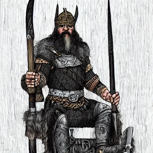 Prompt: viking king, with black beard and short black hair, sitting on his wooden throne with his axe leaning on the side of the throne, looking forward, in a chill position, amazing detail, sharp, photorealistic art style