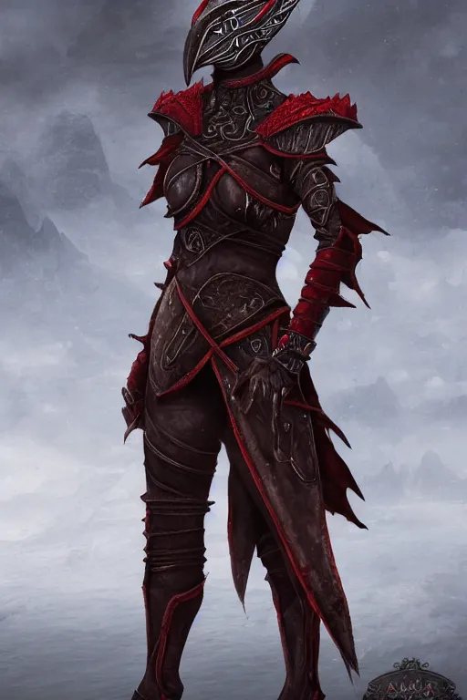 Image similar to female adventurer in tight full - body daedric leather armor of dunmer design with a red porcelain crow mask, trending in artstation, establishing shot