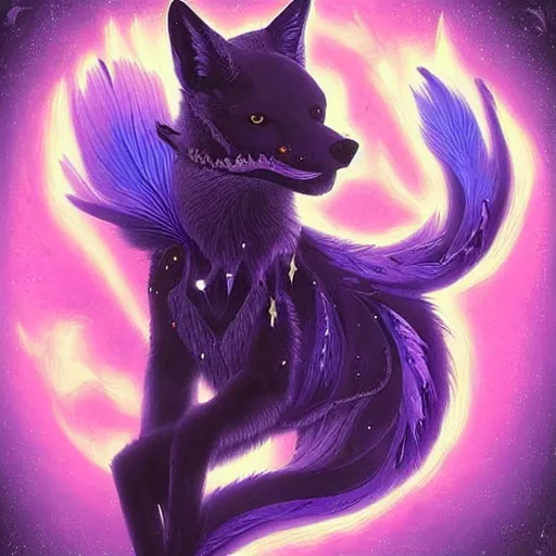 Image similar to a stylized blacklight neon black velvet painting of an bipedal fox with a skull for a face, hummingbird feathers for fur, themed around death and astronomy, in the style of dnd beyond avatar portraits, beautiful, artistic, elegant, lens flare, magical, lens flare, nature, realism, stylized, art by hayou miyazaki