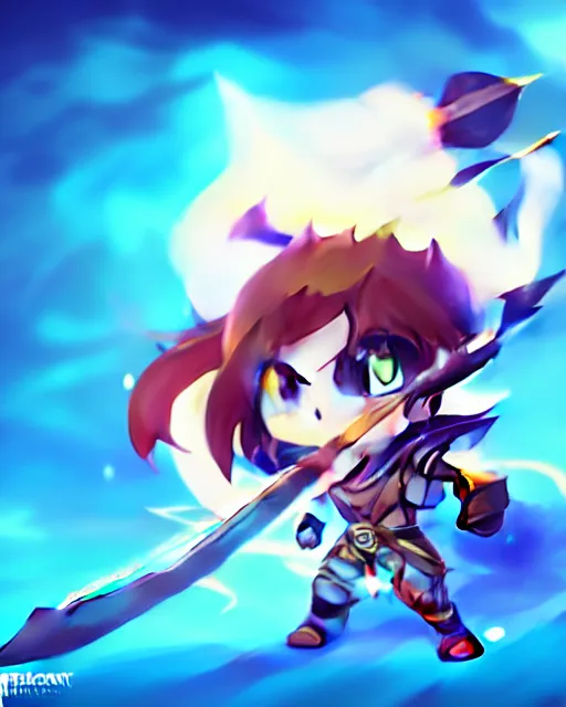 Image similar to oil painting of a cute chibi MapleStory warrior,, attacking, casting a spell with a spear, wearing a MapleStory warrior outfit, sharp focus, fantasy style, octane render, volumetric lighting, 8k high definition, by greg rutkowski, highly detailed, trending on artstation, magic the gathering artwork, Perion background from MapleStory, centered