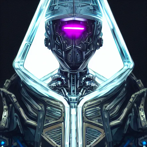 Prompt: a portrait of a mysterious cybernetic magician in glass armor releasing spell, full height, moving forward, cyberpunk concept art, trending on artstation, highly detailed, intricate, sharp focus, digital art, 8 k