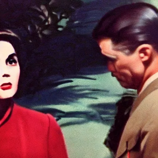 Image similar to still from a masterpiece 1 9 6 0 s french color art film, very beautiful and elegant girl with large eyebrows with an angry expression while talking to a man, moody lighting, viewed from afar, cinematic shot, they're dressed like communists, red palette