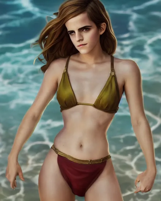 Image similar to full body league of legends portrait of emma watson wearing a bikini, au naturel, hyper detailed, digital art, trending in artstation, cinematic lighting, studio quality, smooth render, unreal engine 5 rendered, octane rendered, art style by klimt and nixeu and ian sprigger and wlop and krenz cushart.