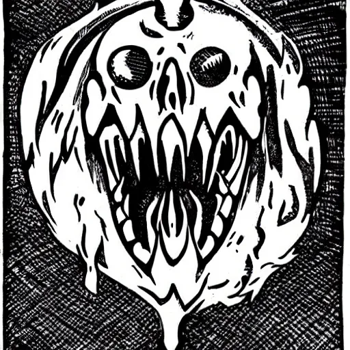 Image similar to Arcane symbol for the chaotic evil earth god of devouring hunger. Death. An open monstrous mouth. Black and white. Medieval woodcut style.