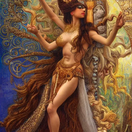 Image similar to artstation, intricate details, hyper details, by gaston bussiere and sandro botticelli, tan skin sumerian goddess inanna, lady of elche, egyptian sumerian features, techno mystic dominatrix goddess intergalactica, inanna with aqua neon rapunzel dreadlocks,