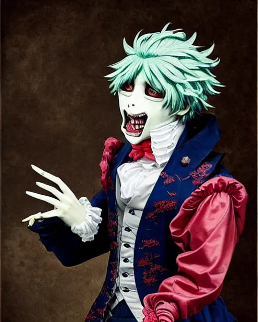 Image similar to tokyo ghoul monster ken kaneki character wearing a beautiful 1 8 th century suit with a tie, rococo style, francois boucher style, highly detailed, very realistic, painterly style