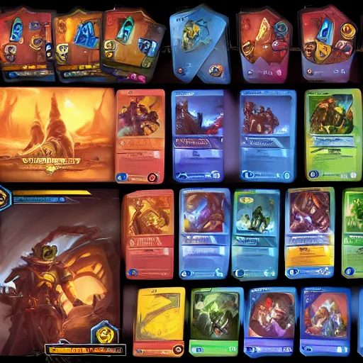 Prompt: A concept art showing several cards of a new game designed by blizzard . This is a card game concept art , card , tabletop, design, card , Pinterest